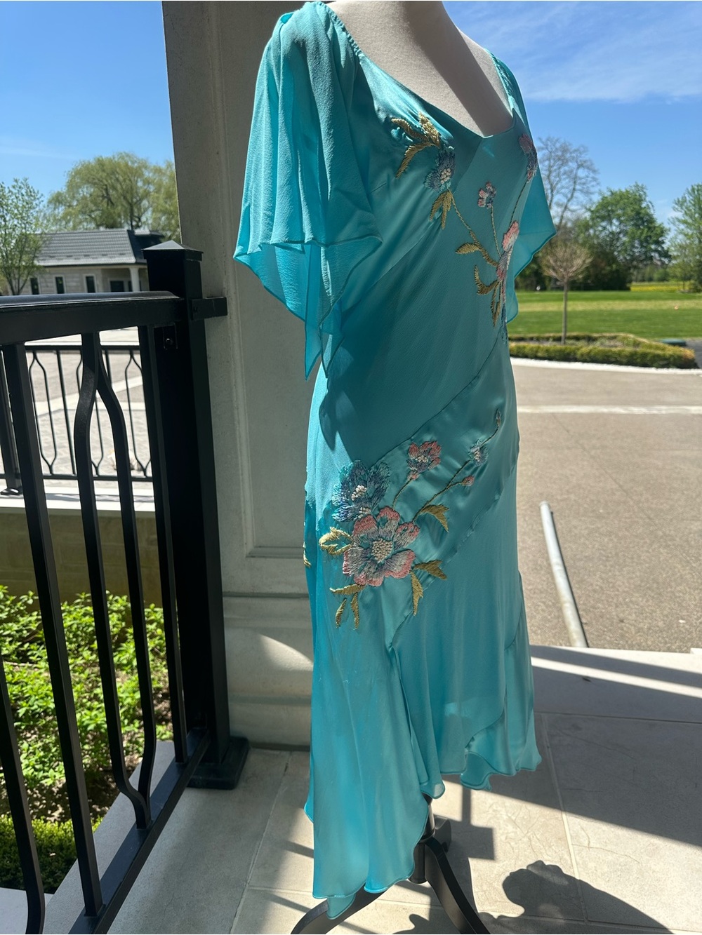 Sue Wong Silk Turquoise Y2K Ruched Floral Embroidered Asymmetrical Dress- Size 8 - Picture 8 of 14